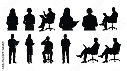 A collection of black silhouettes depicts diverse people engaged in various work related activities including using laptops and conversing high quality