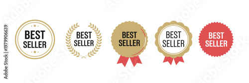 Best Seller Stickers Premium Quality Labels Gold Red Badge Promotion E Commerce Retail Marketing Vector Illustration Set Isolated Background