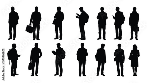 A collection of black silhouettes depicts diverse people in business attire walking and standing suggesting urban life high quality professional detailed