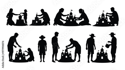 A collection of black silhouettes depicts families and individuals building elaborate sandcastles on a beach high quality professional detailed modern elegant