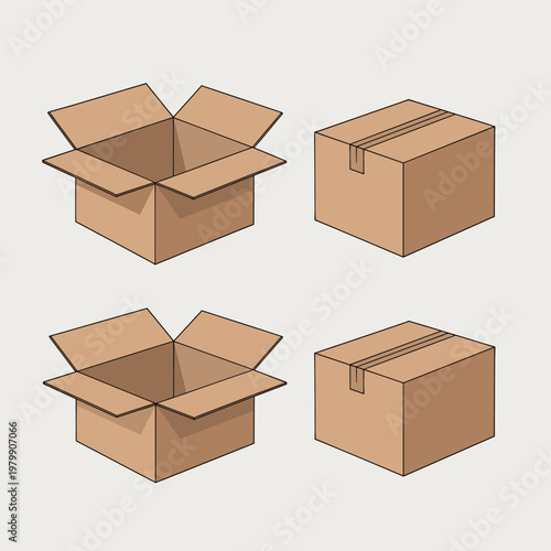 Four cardboard boxes, two open and two closed, depicted from a slightly elevated isometric perspective.