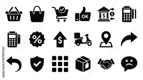 Collection of black ecommerce icons on for business and shopping