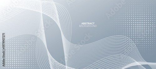 Grey white abstract background with flowing particles. Digital future technology concept. shining wave lines pattern for banner, wallpaper, cover.