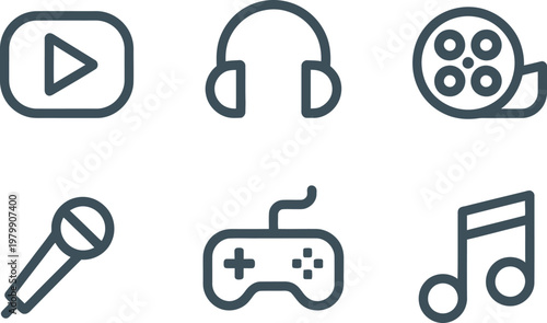 Set of multimedia entertainment icons featuring play button headphones film reel microphone controller and music note