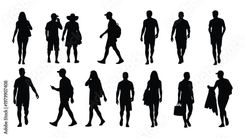 A collection of black silhouette figures depicting diverse people walking and standing showcasing various casual outfits and poses high quality professional
