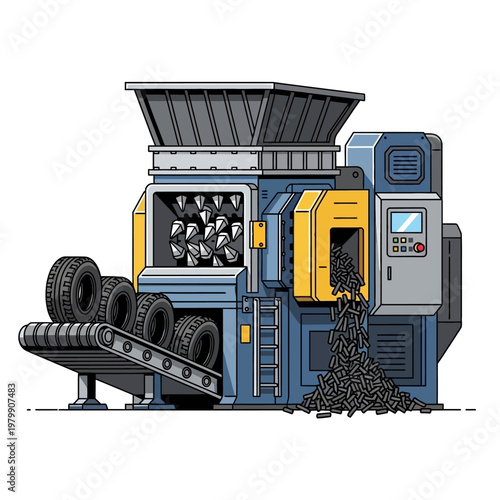 Industrial Tire Shredder Machine Grinding Tires into Recycled Rubber Pellets