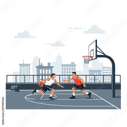 Two men playing basketball on an urban rooftop court with city skyline background
