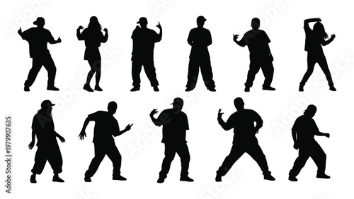A collection of silhouetted figures depicting diverse poses including dancing gesturing and active movement against a white background high quality professional