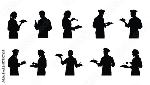 A collection of silhouette figures depicting restaurant staff including waiters and waitresses presenting food on trays high quality professional detailed modern