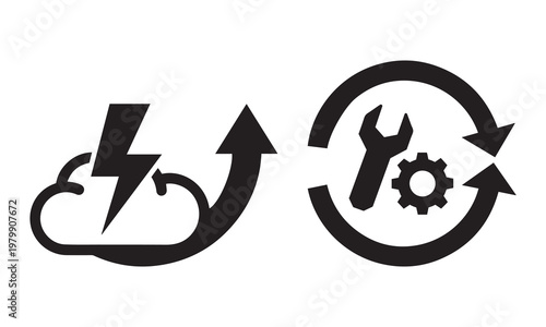 Cloud computing power and system maintenance icons with lightning maintenance cogwheel circular technology illustration processing