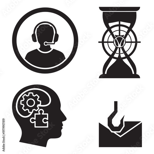 Icons for customer service time management problem solving phishing with customer hourglass envelope illustration assistance management thinking