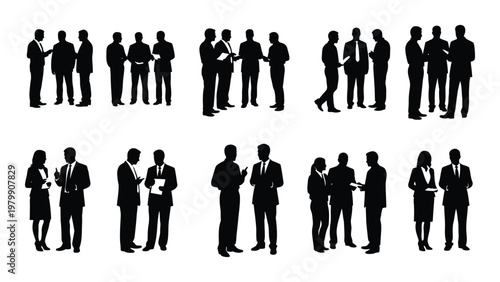 A collection of silhouettes depicting diverse business professionals interacting networking and collaborating in various group settings high quality professional detailed modern