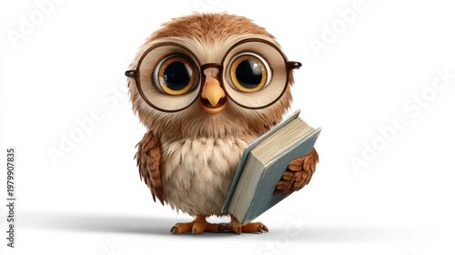 Cute owl character with glasses reading a book in cartoon style