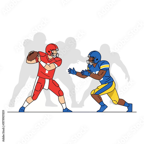 American Football Player Throwing Ball, Opponent Defending, Team Sports Action