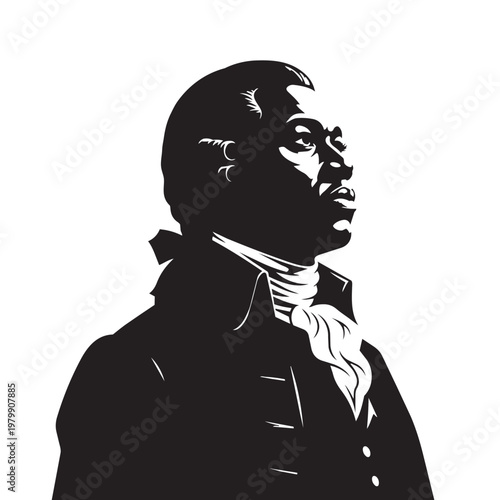 Alexander hamilton vector portrait showing revolutionary war hero and statesman in profile view with eighteenth century colonial era clothing.