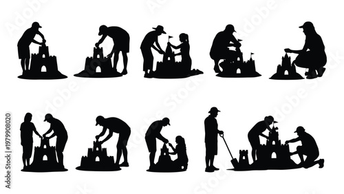 A series of silhouettes depicts people of various ages building and enjoying sandcastles on a beach high quality professional detailed modern
