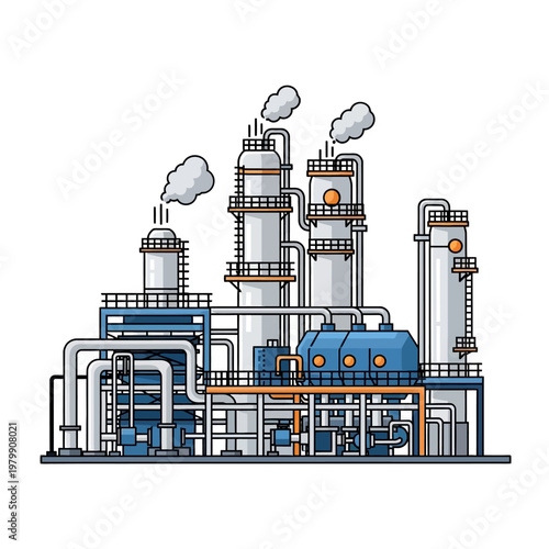 Modern Industrial Plant with Pipes and Smoke, Oil Refinery, Factory Building Illustration