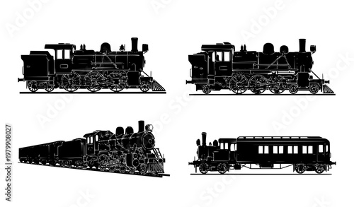 Classic steam train silhouette collection with four vintage railway engines in grid layout isolated vector