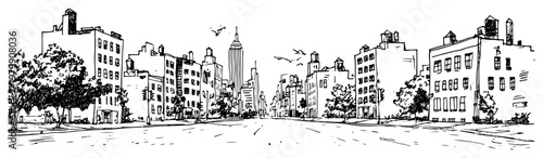 New York City street scene sketch. Hand drawn vector illustration of a Manhattan cityscape with the Empire State Building