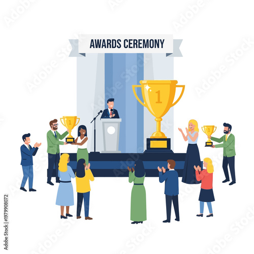 Awards Ceremony Celebration: People Receive Trophies on Stage with Applause
