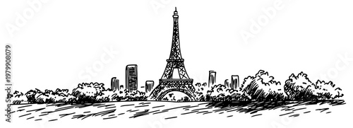 Canvas Print Paris France skyline with Eiffel Tower Hand drawn cityscape sketch vector illust
