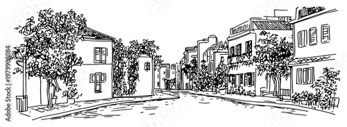 Cozy street in a historic old town sketch. Hand drawn vector illustration of a picturesque European cityscape