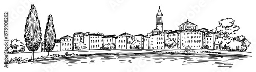 Italian town landscape on the lake shore with cypress trees. Hand drawn vector sketch of a European village.