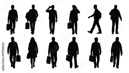 A collection of black silhouettes depicts various people walking carrying bags and engaging in everyday activities high quality professional detailed modern