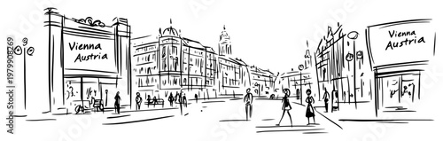 Vienna Austria city street scene with people and historic architecture. Hand drawn vector sketch illustration.
