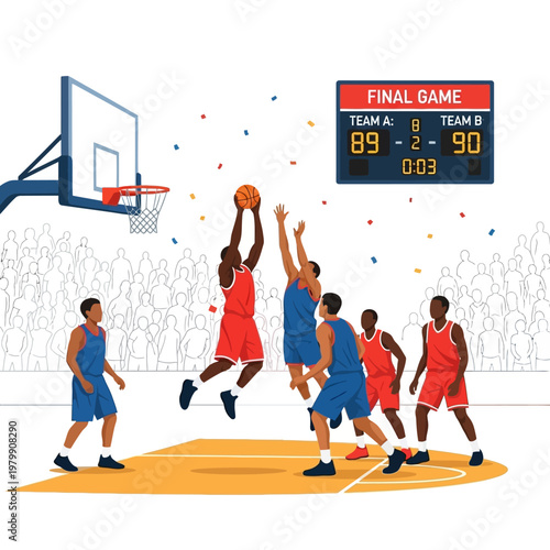 Basketball Game Winning Shot, Final Seconds, Scoreboard Shows Close Score, Players Compete