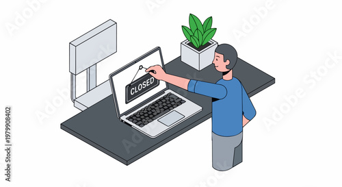 Isometric Illustration of a Businessman Hanging a Closed Sign on a Laptop Screen, Symbolizing Digital Business Shutdown, Startup Failure, and Bankruptcy.