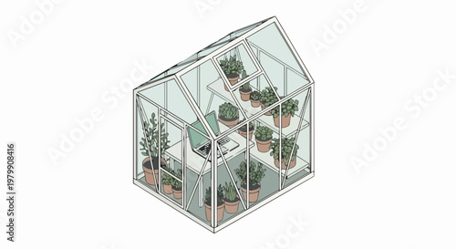 Modern Isometric Greenhouse Office Concept: Remote Workspace with Laptop and Potted Plants Illustration