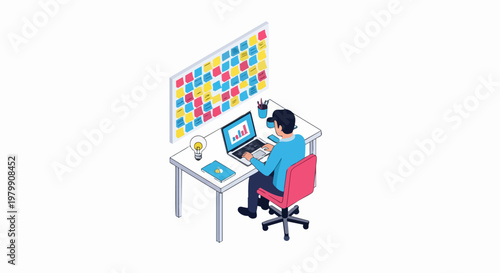Isometric Business Professional Working on Laptop with Kanban Board and Creative Idea Concept