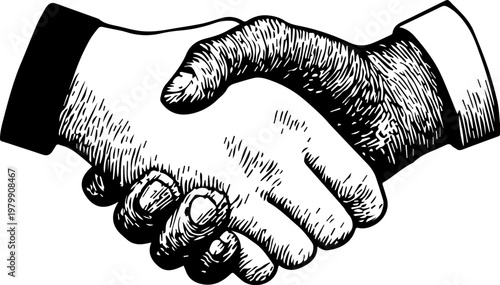 Hand Drawn Handshake Black and White Illustration in Minimal Line Art Style Design