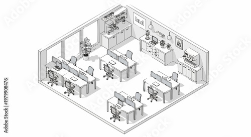 Modern Isometric Office Workspace Line Art Illustration - Minimalist Corporate Interior Design with Workstations and Coffee Station