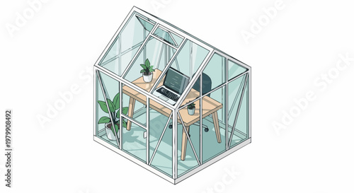Isometric Illustration of a Modern Home Office Inside a Glass Greenhouse - Sustainable Remote Work and Software Developer Concept