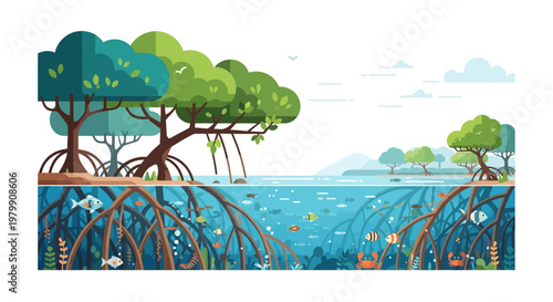 Colorful vector illustration of mangrove ecosystem with diverse marine life