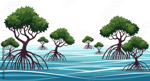 Mangrove trees with roots submerged in blue ocean water