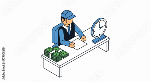 Isometric Businessman at Desk with Cash and Clock - Time is Money Concept Illustration