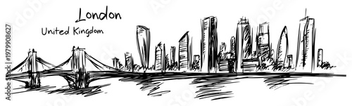 London United Kingdom modern skyline with Tower Bridge Hand drawn cityscape sketch vector illustration