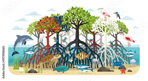 Colorful illustration of diverse marine life in mangrove ecosystem