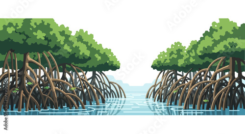 Illustration of Mangrove Forest with Reflections on Calm Water