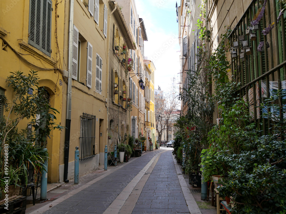 Obraz premium Charming narrow alley with colorful facades and climbing ivy in Le Panier district Marseille