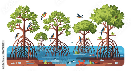 Colorful mangrove ecosystem illustration with diverse wildlife and aquatic life