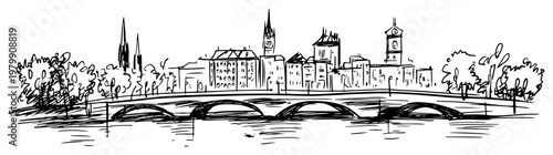 Prague Czech Republic cityscape with bridge over Vltava river Hand drawn historic skyline sketch vector illustration