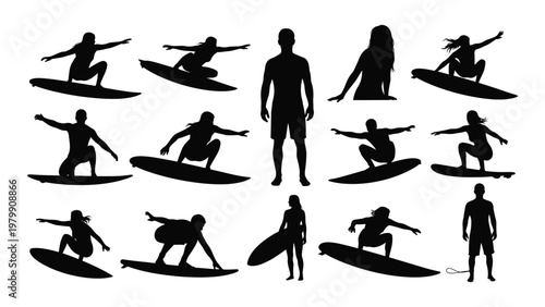 A collection of black silhouettes depicts diverse figures surfing and standing on waves showcasing dynamic movement and ocean activity high quality
