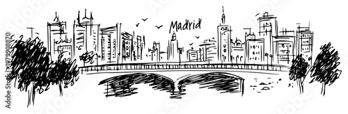 Madrid Spain cityscape with bridge and modern skyline. Hand drawn vector sketch of the Spanish capital city.