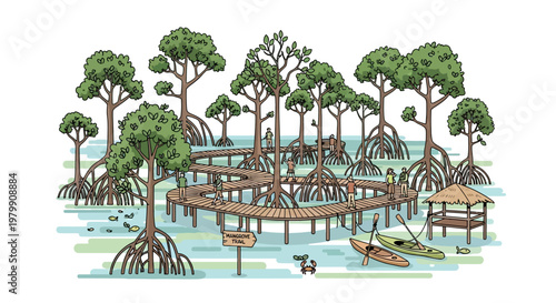 Illustration of Mangrove Forest with Boardwalk and Canoes