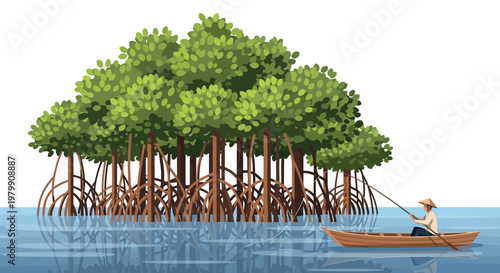 Man fishing in a boat near mangrove trees on calm water