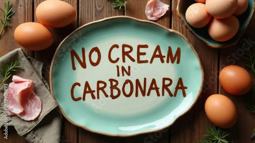 'No cream in carbonara' plate and eggs on wood